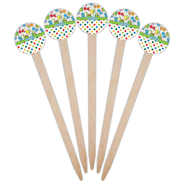 Dinosaur Print & Dots Wooden 6" Food Pick - Round - Fan View