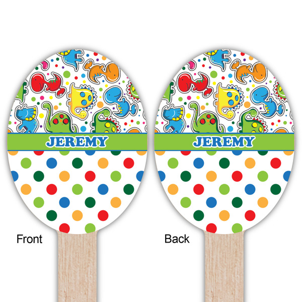 Dinosaur Print & Dots Wooden Food Pick - Oval - Double Sided - Front & Back