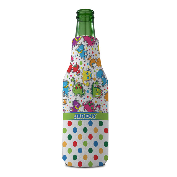 Dinosaur Print & Dots Zipper Bottle Cooler - FRONT (bottle)