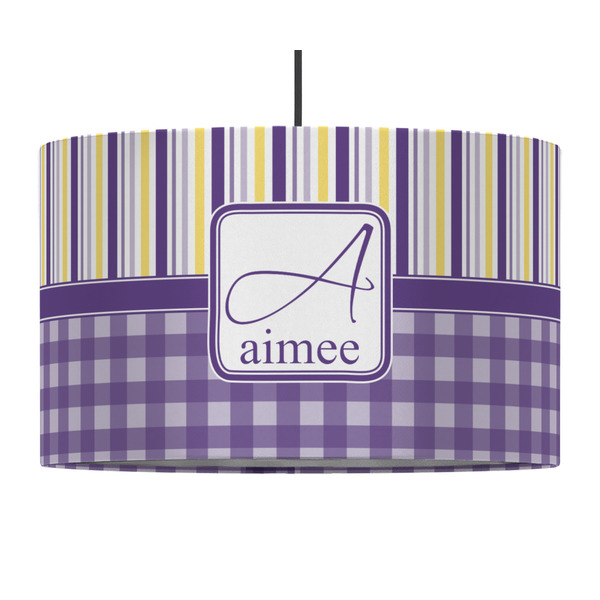 Custom Purple Gingham & Stripe 12" Drum Pendant Lamp - Fabric (Personalized)