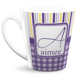 Purple Gingham & Stripe 12 Oz Latte Mug (Personalized)