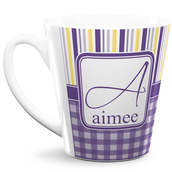 Custom Purple Gingham & Stripe 12 Oz Latte Mug (Personalized)