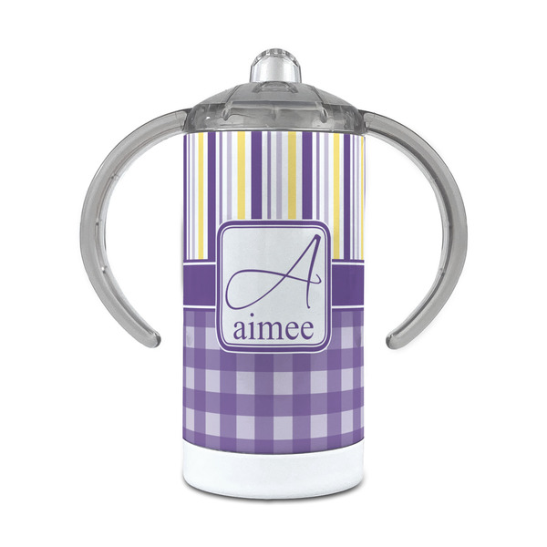 Custom Purple Gingham & Stripe 12 oz Stainless Steel Sippy Cup (Personalized)