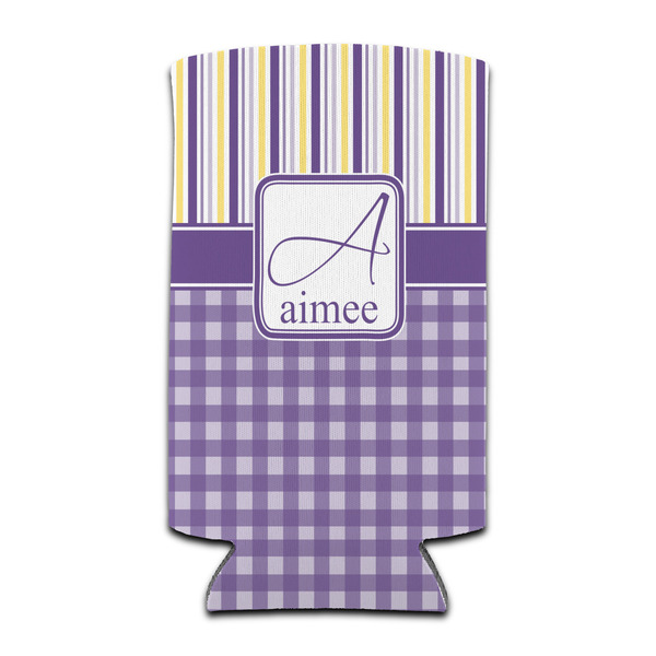 Custom Purple Gingham & Stripe Can Cooler (tall 12 oz) (Personalized)