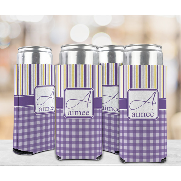 Purple Gingham & Stripe 12oz Tall Can Sleeve - Set of 4 - LIFESTYLE