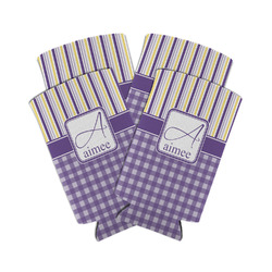 Purple Gingham & Stripe Can Cooler (tall 12 oz) - Set of 4 (Personalized)