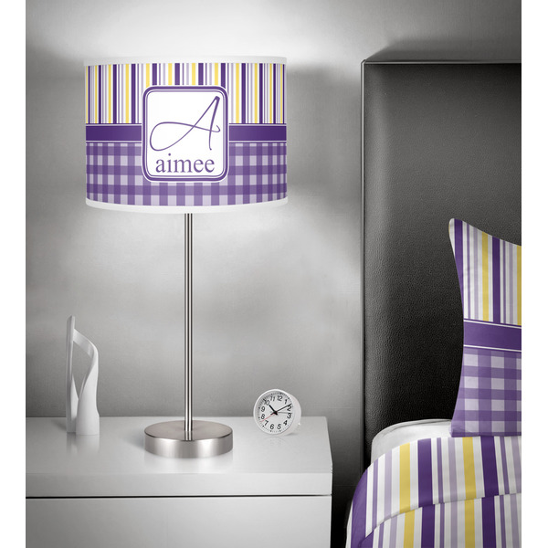 Purple Gingham & Stripe 13 inch drum lamp shade - in room