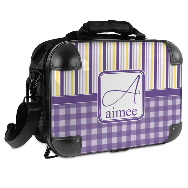 Custom Purple Gingham & Stripe Hard Shell Briefcase (Personalized)