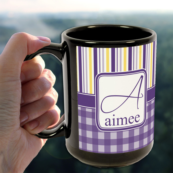 Purple Gingham & Stripe 15oz. Black Mug - LIFESTYLE