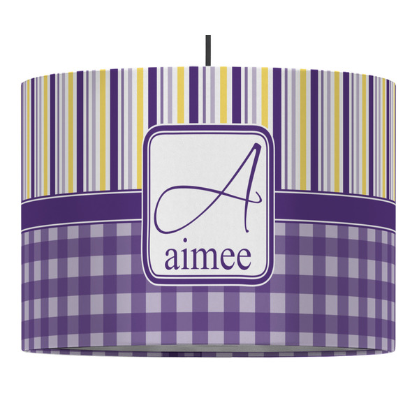Custom Purple Gingham & Stripe 16" Drum Pendant Lamp - Fabric (Personalized)