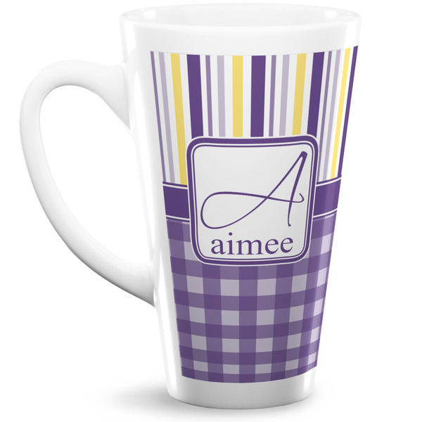 Custom Purple Gingham & Stripe Latte Mug (Personalized)
