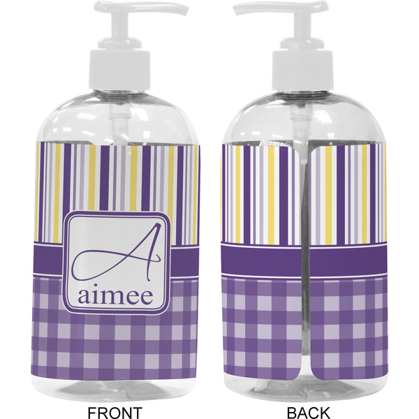 Purple Gingham & Stripe 16 oz Plastic Liquid Dispenser- Approval- White