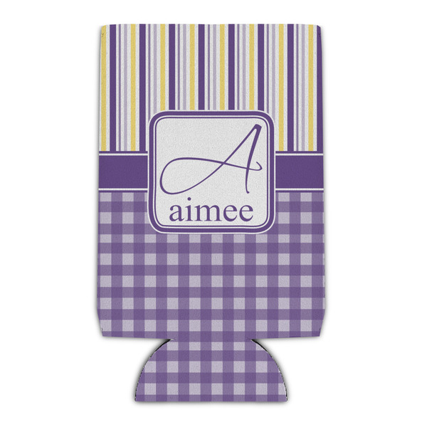 Custom Purple Gingham & Stripe Can Cooler (16 oz) (Personalized)