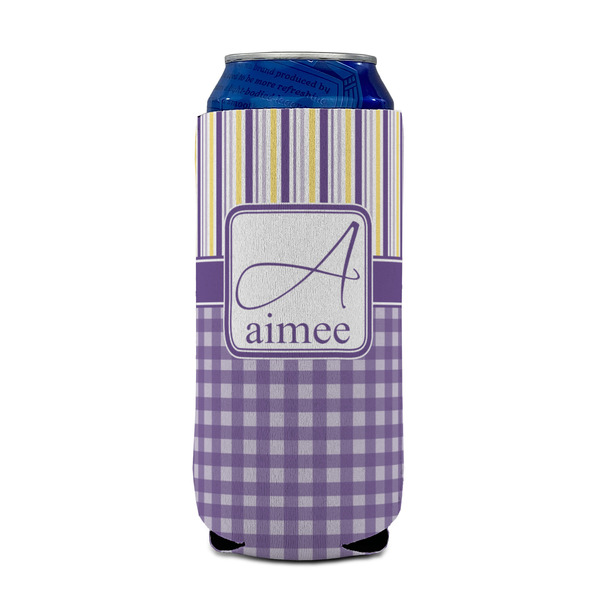 Purple Gingham & Stripe 16oz Can Sleeve - FRONT (on can)