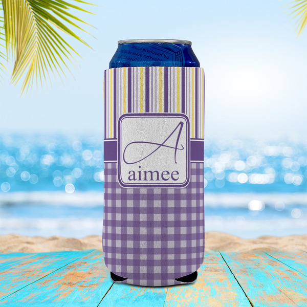 Purple Gingham & Stripe 16oz Can Sleeve - LIFESTYLE