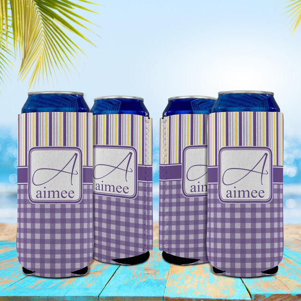 Purple Gingham & Stripe 16oz Can Sleeve - Set of 4 - LIFESTYLE