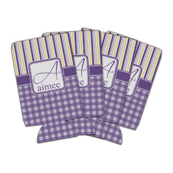 Purple Gingham & Stripe Can Cooler (16 oz) - Set of 4 (Personalized)