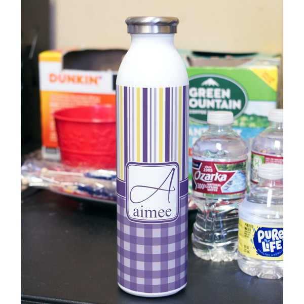 Purple Gingham & Stripe 20oz Water Bottles - Full Print - In Context