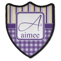 Purple Gingham & Stripe Iron On Shield Patch B w/ Name and Initial