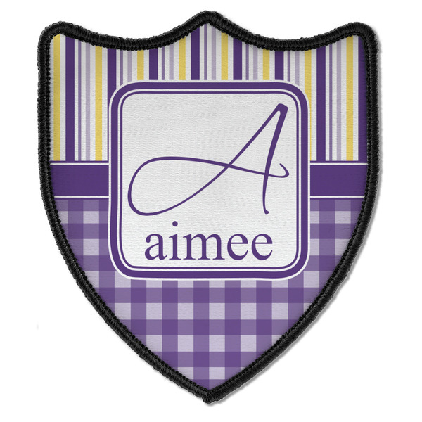 Custom Purple Gingham & Stripe Iron On Shield Patch B w/ Name and Initial