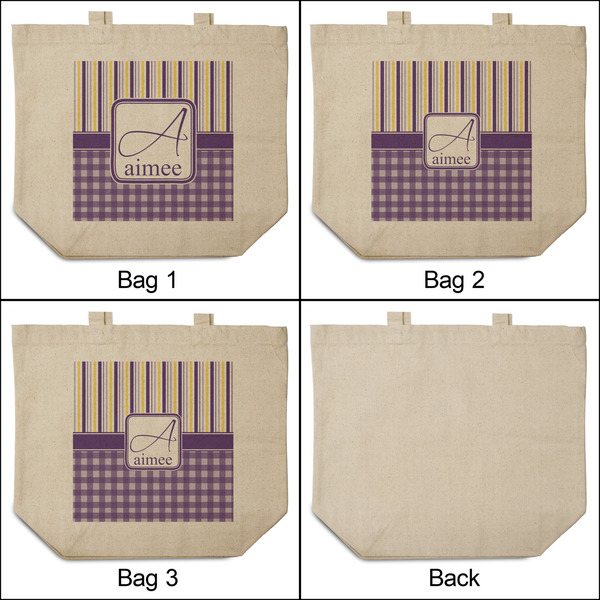 Purple Gingham & Stripe 3 Reusable Cotton Grocery Bags - Front & Back View