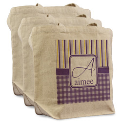 Purple Gingham & Stripe Reusable Cotton Grocery Bags - Set of 3 (Personalized)