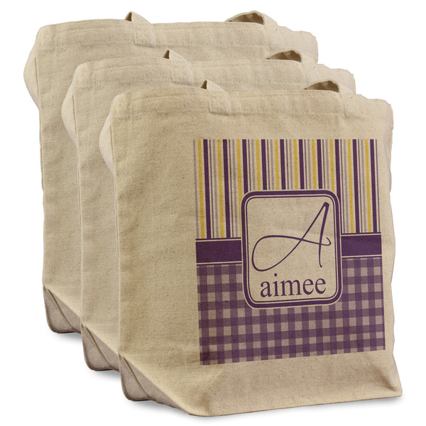 Custom Purple Gingham & Stripe Reusable Cotton Grocery Bags - Set of 3 (Personalized)