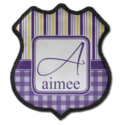 Purple Gingham & Stripe Iron On Shield Patch C w/ Name and Initial