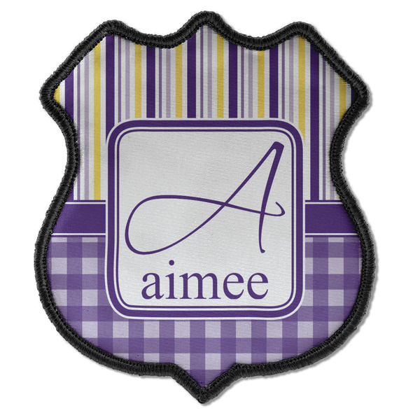 Custom Purple Gingham & Stripe Iron On Shield Patch C w/ Name and Initial