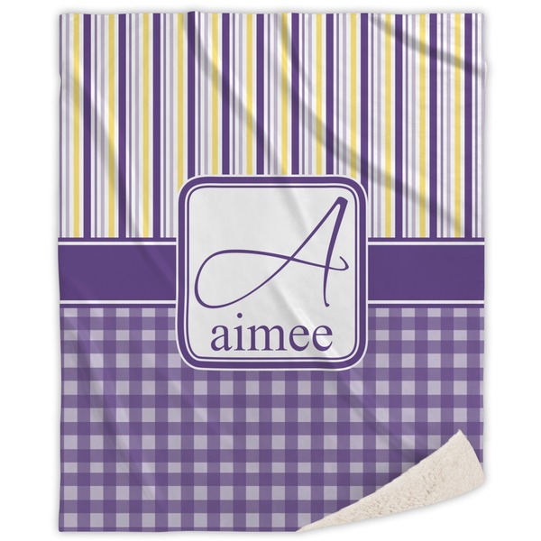Custom Purple Gingham & Stripe Sherpa Throw Blanket (Personalized)