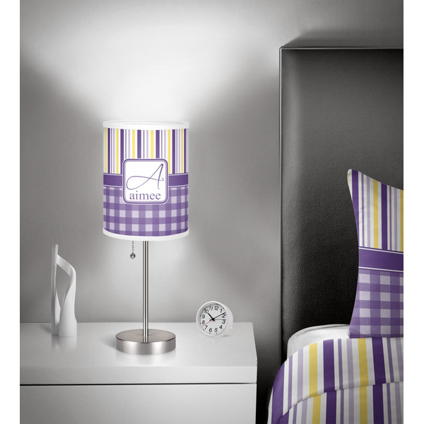 Purple Gingham & Stripe 7 inch drum lamp shade - in room