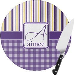 Purple Gingham & Stripe Round Glass Cutting Board - Small (Personalized)