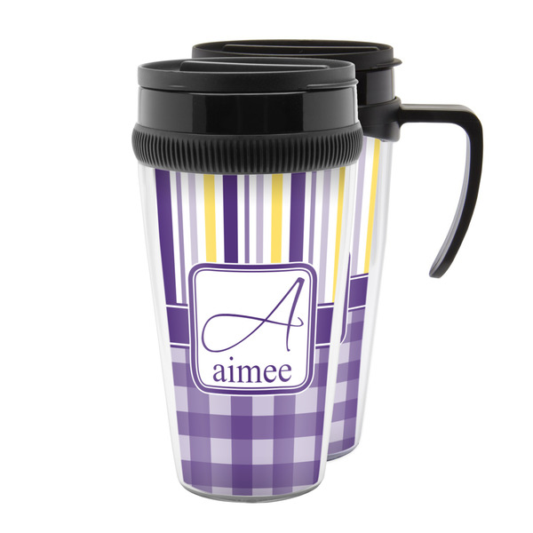 Custom Purple Gingham & Stripe Acrylic Travel Mug (Personalized)