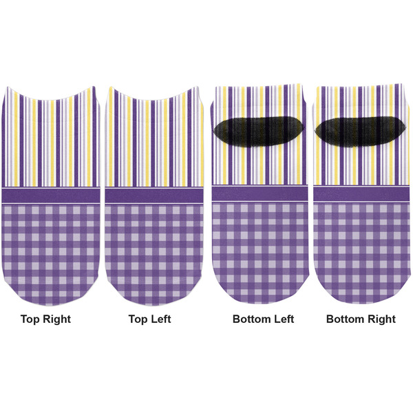 Purple Gingham & Stripe Adult Ankle Socks - Double Pair - Front and Back - Apvl