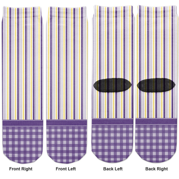 Purple Gingham & Stripe Adult Crew Socks - Double Pair - Front and Back - Apvl