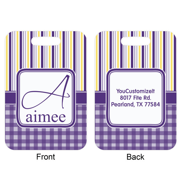 Purple Gingham & Stripe Aluminum Luggage Tag (Front + Back)