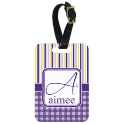 Purple Gingham & Stripe Metal Luggage Tag w/ Name and Initial