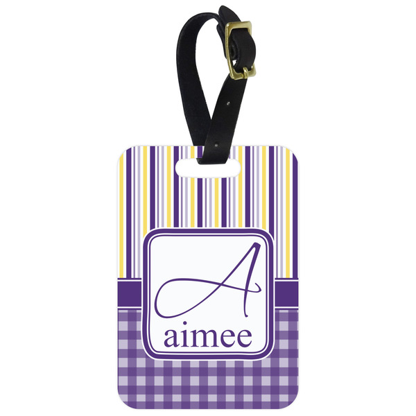 Custom Purple Gingham & Stripe Metal Luggage Tag w/ Name and Initial