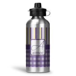 Purple Gingham & Stripe Water Bottle - Aluminum - 20 oz (Personalized)