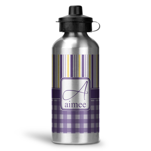 Custom Purple Gingham & Stripe Water Bottle - Aluminum - 20 oz (Personalized)