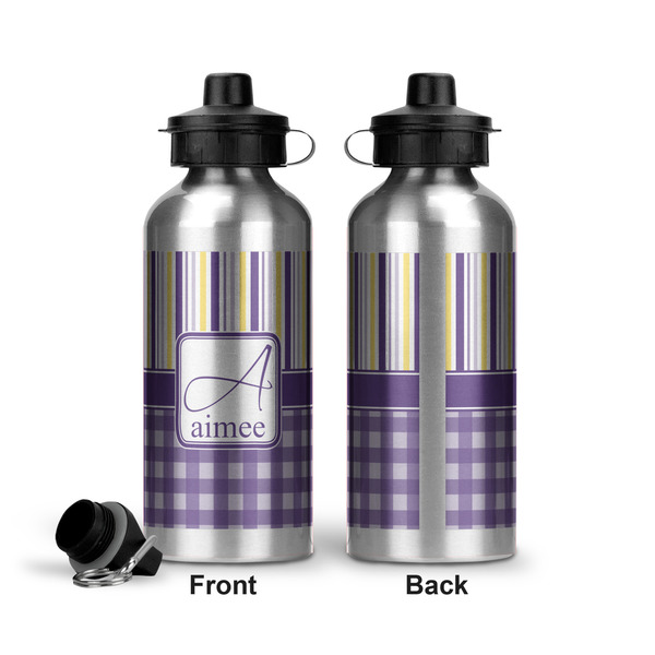 Purple Gingham & Stripe Aluminum Water Bottle - Front and Back