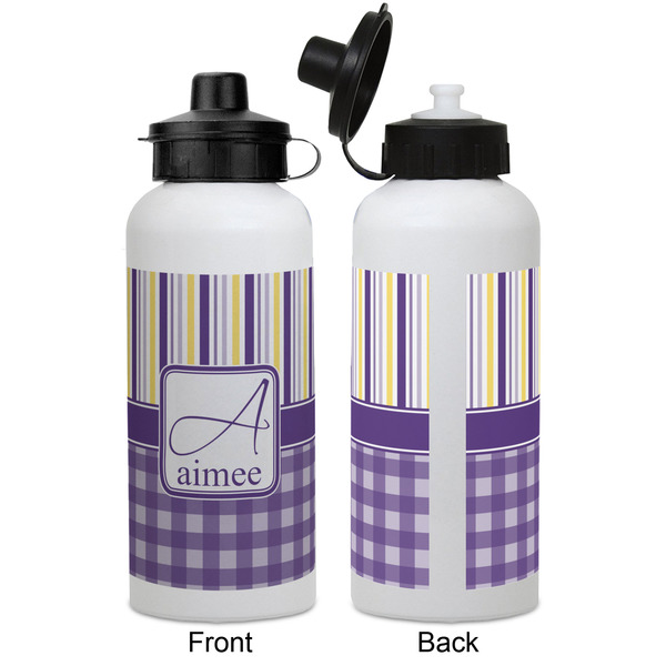 Purple Gingham & Stripe Aluminum Water Bottle - White APPROVAL