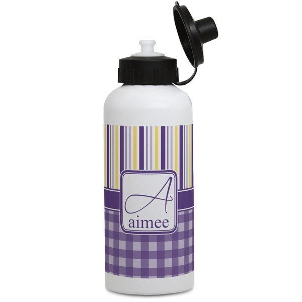 Custom Purple Gingham & Stripe Water Bottles - Aluminum - 20 oz - White (Personalized)