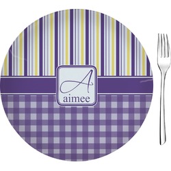 Purple Gingham & Stripe 8" Glass Appetizer / Dessert Plates - Single or Set (Personalized)