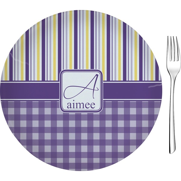 Custom Purple Gingham & Stripe Glass Appetizer / Dessert Plate 8" (Personalized)