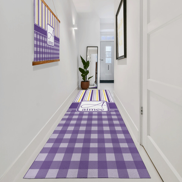 Purple Gingham & Stripe Area Rug Sizes - In Context (vertical)