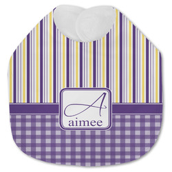 Purple Gingham & Stripe Jersey Knit Baby Bib w/ Name and Initial