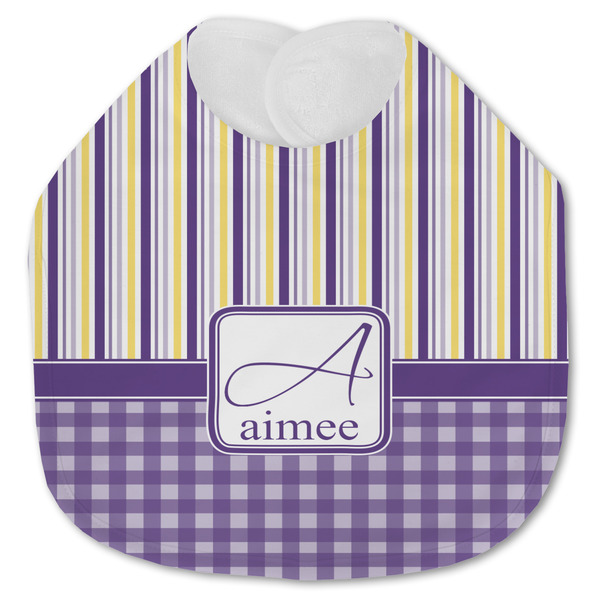 Custom Purple Gingham & Stripe Jersey Knit Baby Bib w/ Name and Initial
