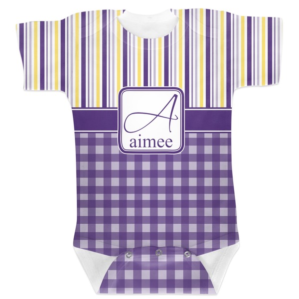 Custom Purple Gingham & Stripe Baby Bodysuit 12-18 (Personalized)