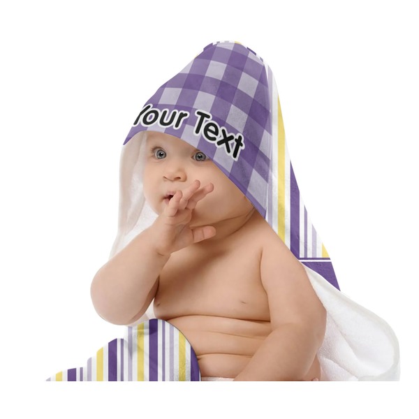 Purple Gingham & Stripe Baby Hooded Towel on Child